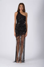 PARIS Short One Sleeve Dress with Fringe - Caviar Black