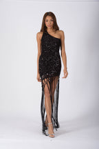 PARIS Short One Sleeve Dress with Fringe - Caviar Black