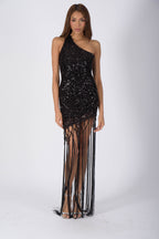 PARIS Short One Sleeve Dress with Fringe - Caviar Black