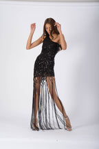 PARIS Short One Sleeve Dress with Fringe - Caviar Black