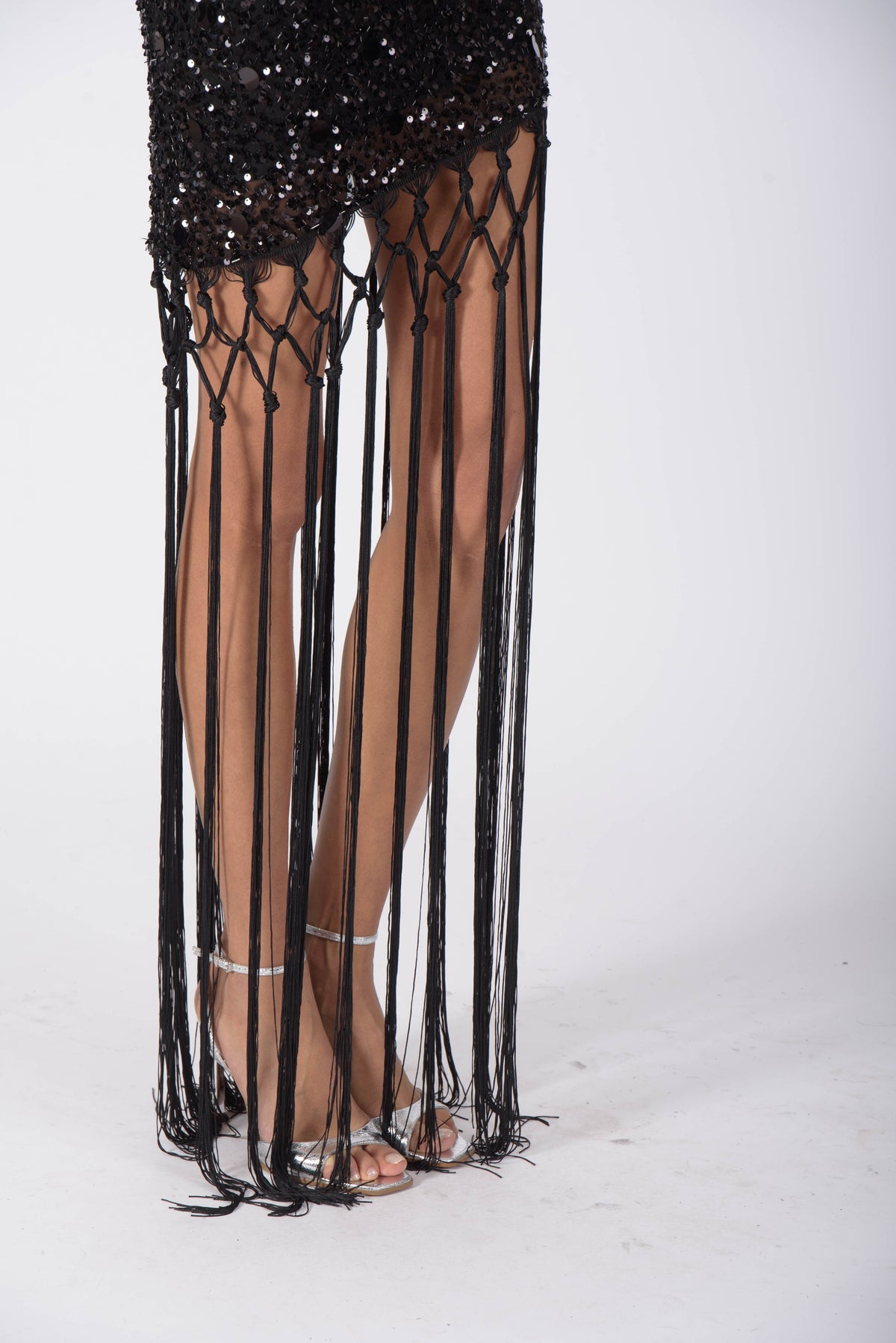 PARIS Short One Sleeve Dress with Fringe - Caviar Black