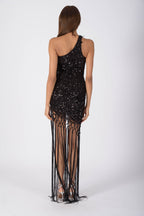 PARIS Short One Sleeve Dress with Fringe - Caviar Black